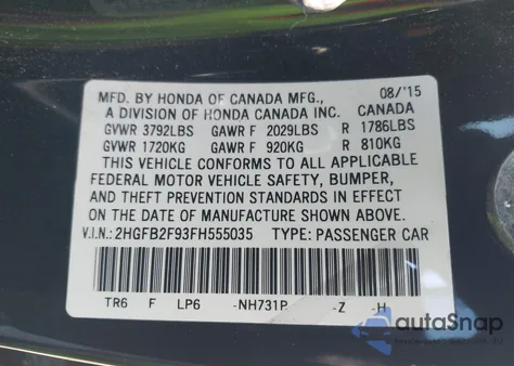 2015 Honda Civic Ex-L из США, поврежденный, VIN 2HGFB2F93FH555035